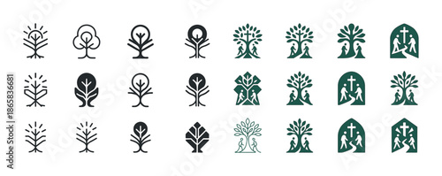 Set of tree and cross icons with stylized designs in black and green