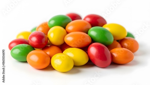 A vibrant pile of assorted skittles candies in red orange yellow and green colors on a white background