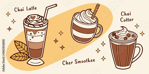 Three stylized cold coffee beverages with whipped cream and garnishes are displayed against a light background.