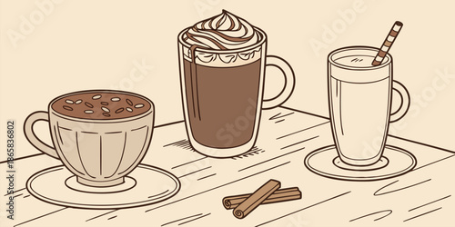 Three different comforting hot chocolate beverages garnished with whipped cream beans and a wafer straw rest upon a wooden table surface