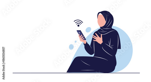 Modern Muslim woman in a black abaya and hijab sitting and using a smartphone with a Wi-Fi symbol, representing digital connectivity.