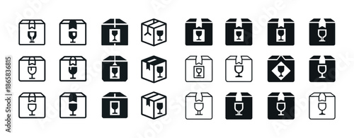 Fragile and handle with care icons: diverse packaging symbols for safe shipping