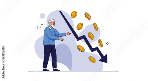 Worried elderly man looking at a declining financial graph with gold coins falling, symbolizing economic crisis or investment loss.