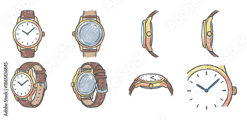 Collection of hand-drawn wristwatch illustrations showing various angles and perspectives of a classic analog timepiece with a brown leather strap and gold case in a simple sketch style