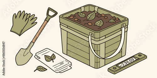 Gardening setup with composting bin full of soil seed packets gloves and small hand shovel alongside a thermometer illustration