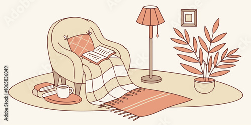 Cozy illustration depicting a comfortable reading nook with an inviting armchair, open book, warm blanket, steaming beverage, and ambient floor lamp setup.