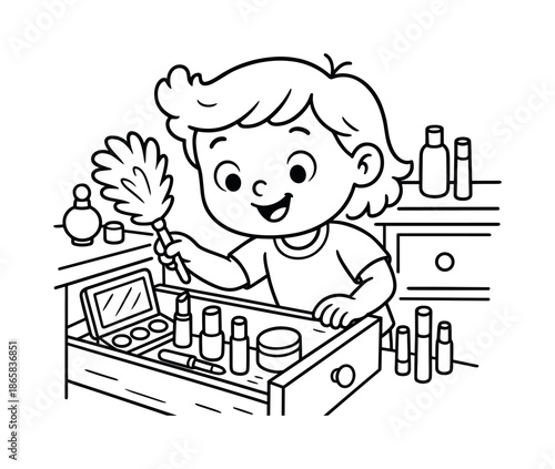 Kid's Makeup Organizer. Cosmetic drawer cleanup children?s coloring book illustration, outlined drawing, cheerful kid organizing cartoon makeup items in a