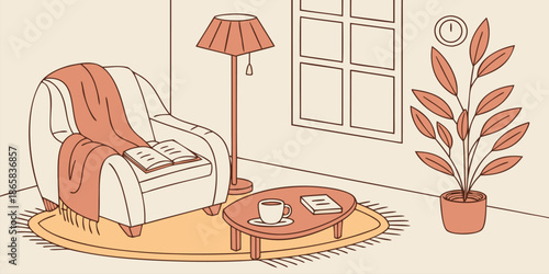 Cozy illustration depicting a comfortable reading nook with a soft armchair, warm blanket, open book, and a steaming cup of coffee next to a potted plant.