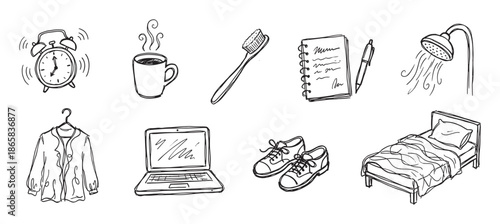 Hand-drawn doodle icon set representing a daily morning routine with an alarm clock, coffee, toothbrush, shower, bed, and laptop in a simple black and white sketch style