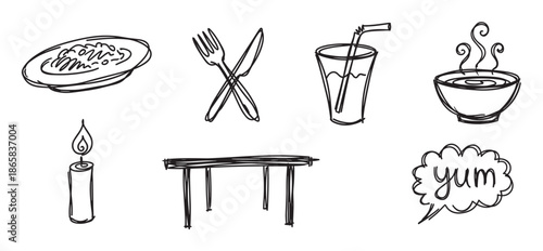 Set of hand-drawn food and restaurant icons including a meal, cutlery, drink, soup, candle, and table in a simple black and white doodle sketch style for menu design