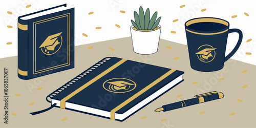Academic supplies including a hardcover book, notebook, pen, mug, and potted plant are arranged on a speckled surface.