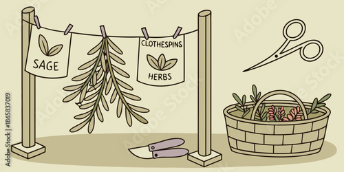 Various herbs hang from a line secured by wooden posts, with labels indicating dried sage and herbs nearby.