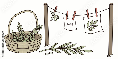 Herbs are hung on a clothesline using clips next to a basket containing freshly harvested cuttings.