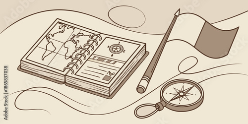 A world map opened in a book lies next to a compass, a pencil, and a vertically held national flag on a stylized background.