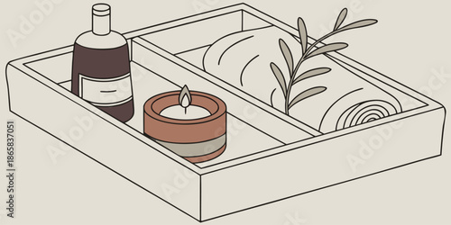 A wooden tray holds a burning aromatherapy candle, a dark liquid bottle, and folded cloth items for personal care.