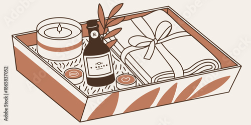 A spa gift box contains a scented candle, small bottles, folded towels, and decorative foliage on a tray.