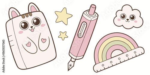 Kawaii style stationery items feature a cat pencil case, fountain pen, rainbow ruler, and decorative stars.