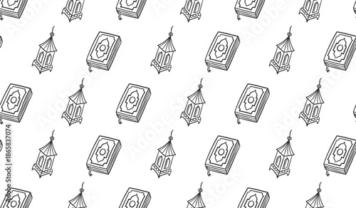 Ramadan lantern hand drawn illustration background. Islamic lantern and quran doodle seamless pattern vector. Sketch style line art muslim cartoon icon tiled background.	