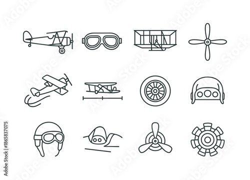 Vintage Aviation Icons. Airplane. Line icon set of Airplane: vintage airplane, early aviation goggles, Wright brothers flyer, biplane propeller, airshow icon,