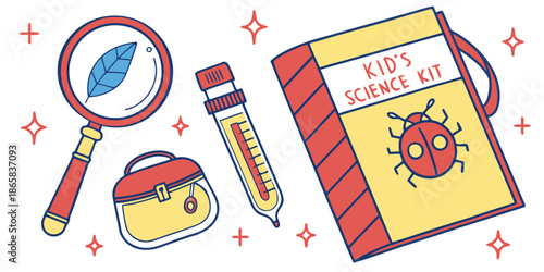 Charming illustration depicting essential items found within a colorful kid's science kit including a magnifying glass a test tube and a field guide