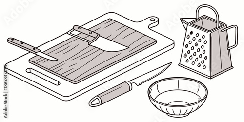 Collection of essential kitchen utensils including a cutting board with knives a box grater and a small mixing bowl presented in a simple outline style