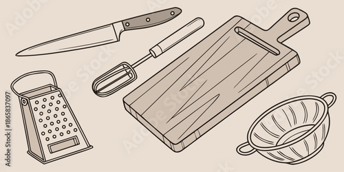 Assortment of essential kitchen utensils including a chef knife, whisk, grater, cutting board, and colander arranged together