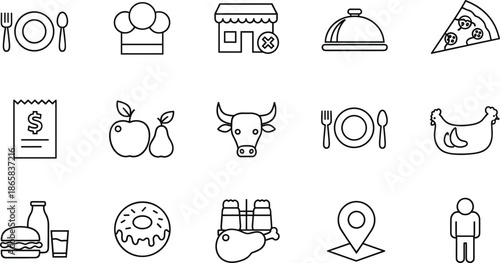 Minimalist Food and Restaurant Line Icon Set Featuring Pizza Burger Chef Hat Healthy Fruits Meat and Dining Symbols for Menu Design