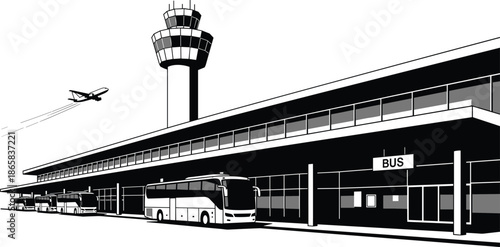 Modern Airport Terminal Illustration with Control Tower Airplane Taking Off and Shuttle Buses in Minimalist Black and White Vector Art Style