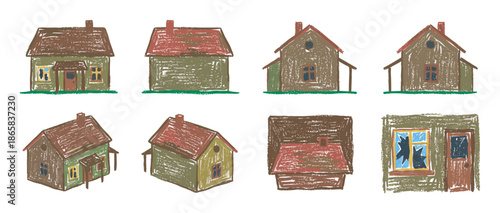 Set of hand-drawn rustic houses illustrated in a naive, childlike crayon style, showing various small buildings from different angles including one with a broken window