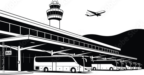 Modern Minimalist Vector Illustration of a Busy Airport Terminal Featuring an Air Traffic Control Tower Ground Transportation Buses and Airplane