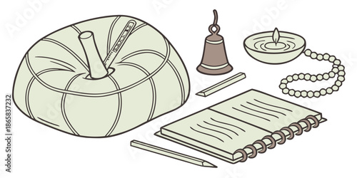 Collection of spiritual and measurement tools featuring a gourd with a thermometer, prayer beads, a small bell, a lit diya lamp, and a notebook.