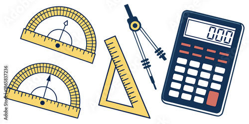 Collection of essential geometry tools including protractors compass set square and digital calculator representing mathematical learning and precise measurement concepts