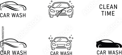 Professional car wash logo design set featuring vehicle side silhouettes front view line art icons and sparkles for automotive cleaning business branding