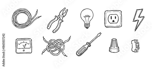 Hand-drawn set of electrical tools and components in a black and white doodle style, including a lightbulb, pliers, wire, outlet, and circuit breaker for electrician concepts