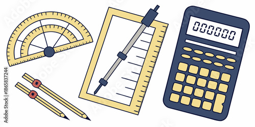 A collection of essential drafting tools including a protractor compass T-square and electronic calculator for technical drawing projects