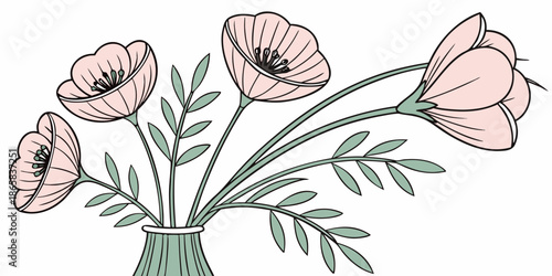 Delicate illustration featuring four light pink stylized poppy flowers with sage green stems and leaves arranged elegantly within a subtly textured vase design