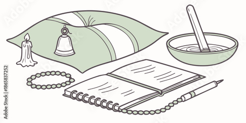 Collection of spiritual or meditative tools including a lit candle a cushion prayer beads a notebook and a bowl with a stirring implement