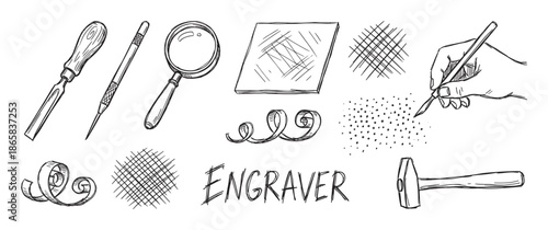 Hand-drawn sketch set of engraving tools and elements showing a chisel, hammer, magnifying glass, and a hand carving with various hatching and stippling patterns