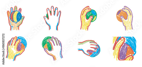 Colorful hand-drawn illustrations of human hands in various poses, some holding a sports ball, rendered in a rough, expressive, and artistic crayon or linocut print style