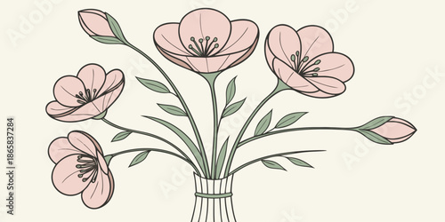 Elegant line art illustration depicts a charming bouquet of delicate pink flowers with soft green leaves stylized beautifully in a gentle artistic arrangement