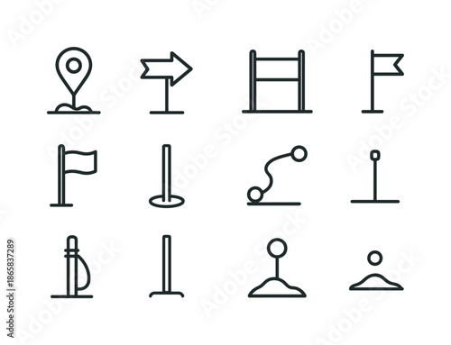Marker Stake Icons. Marker stake. Line icon set of marker stake: marker pin, arrow sign, boundary line, direction flag, pole, ground placement,