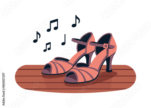 Dance Shoes Reflection. Dance shoes on wooden floor. A pair of dance shoes rest lightly on polished wood, soft reflections glowing beneath them. Floating music