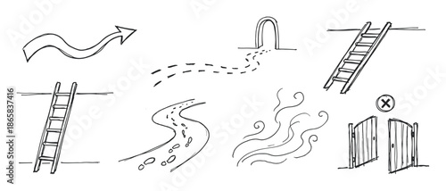 Set of hand-drawn doodle icons representing journey, progress, and goals, featuring paths, ladders, an arrow, and a gate in a simple black and white sketch illustration style