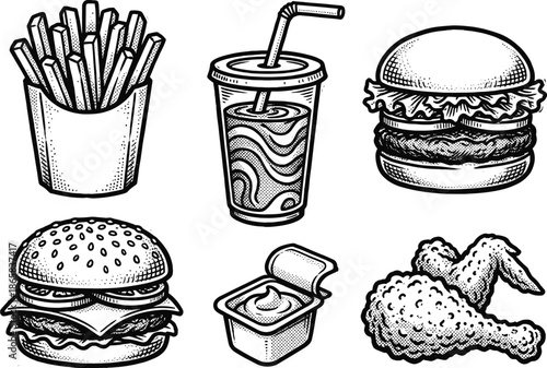 Set Of Hand Drawn Retro Style Fast Food Illustrations Including Delicious Cheeseburgers French Fries Soda Cold Drink And Fried Chicken,