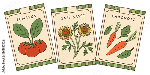 Three vintage seed packets illustrating tomatoes, sunflowers, and carrots are displayed against a white background.