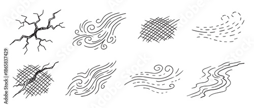 Set of hand-drawn doodle elements showing cracks, wind, water flow, and textures in a simple black and white sketch style illustration collection
