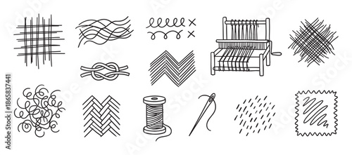 Set of hand-drawn textile icons featuring a weaving loom, spool of thread, needle, knot, and various fabric textures in a simple black and white line art doodle style
