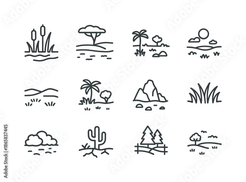 Landform Line Icons. Land. Line icon set of Land: wetland area, marsh icon, savannah field, tundra icon, steppe symbol, jungle terrain, rocky