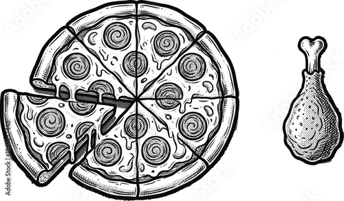 Set Of Hand Drawn Retro Style Fast Food Illustrations Featuring A Sliced Pepperoni Pizza With Melting Cheese And Fried Chicken Drumstick,