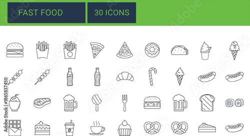 Set of minimalist black and white food line icons featuring burgers pizza desserts snacks and drinks for restaurant menu and cafe design